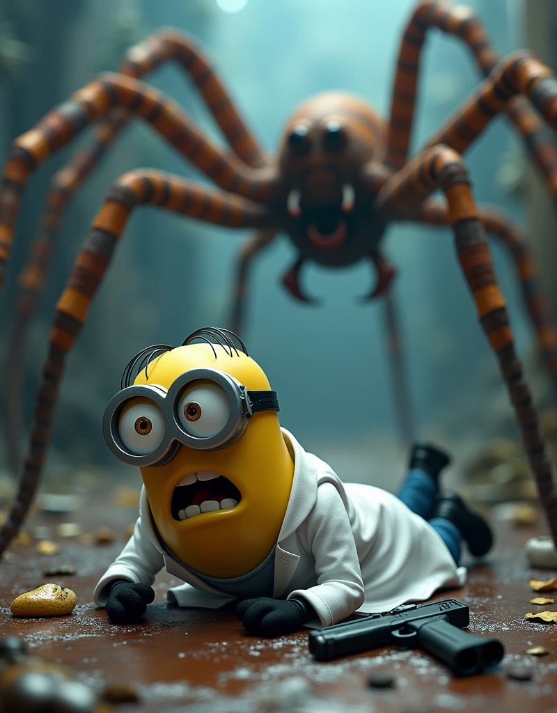 Minion Kevin white scientist suit. under attack by giant spiders. Minion Kelvin lies on the floor with a frightened look on his face. The scene is chaotic. There is a gun next to him. 