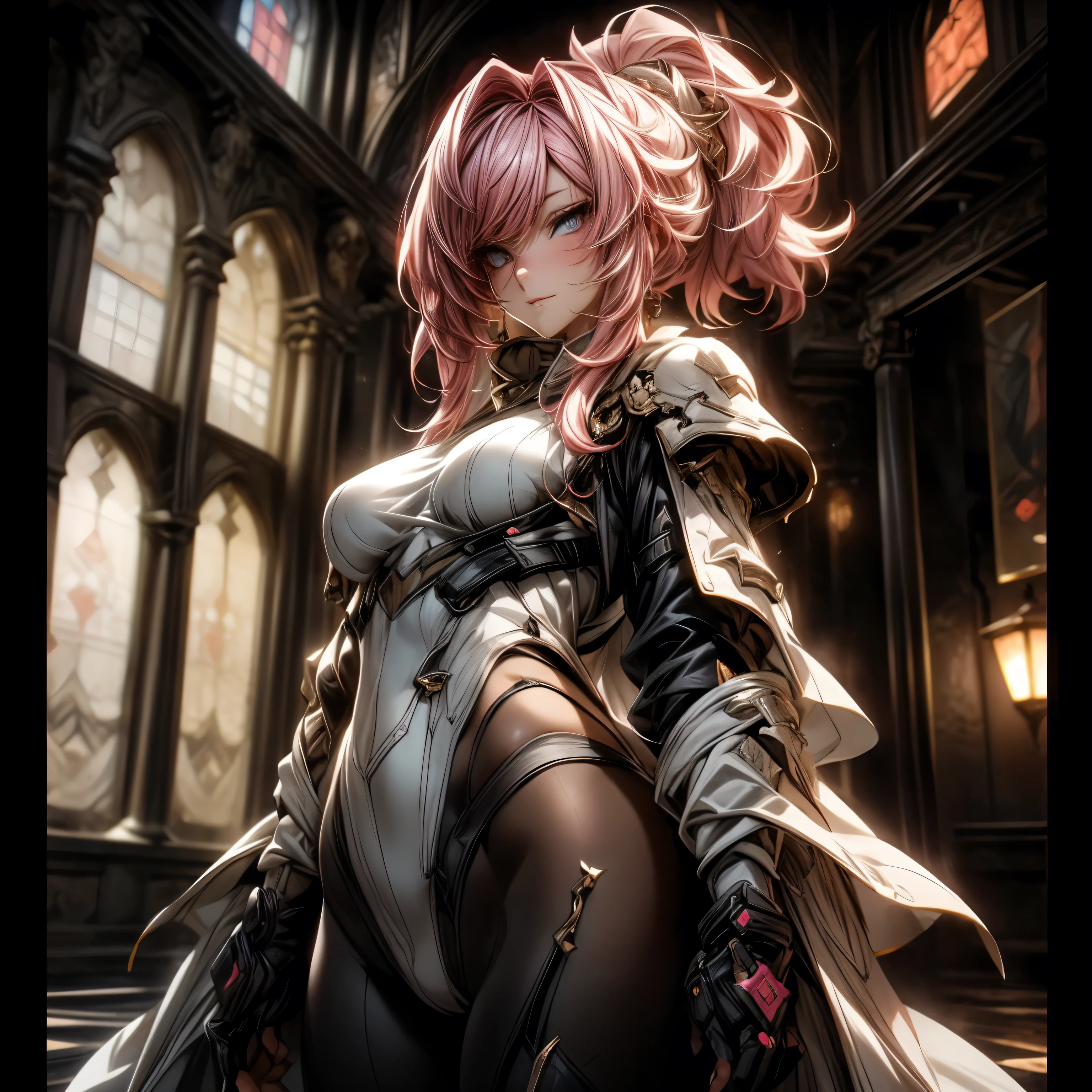 (best quality)), ((Masterpiece)), (details:1.4), 3d, HDR (high dynamic range), an image of a beautiful cyberpunk female, fantasy, medieval, Hips up, Sleek style, Pink hair, High ponytail, beautiful white eyes, จมูกโด่ง, ปากแดง, หน้าอกใหญ่, nvidia RTX, PBR surface, After processing, Anisotropic filtration,depth of field, Maximum clarity and clarity, multi-layered surface, Subsurface scattering, perfect proportions, 8K raw files, ultra detailed, Perfect proportions, volumetric lighting, soft lighting, Holy Paladin, Heavy Black Armor, glossy skin, Castle background, jewely, ต่างหู, นิ้วมือสมบูรณ์,
