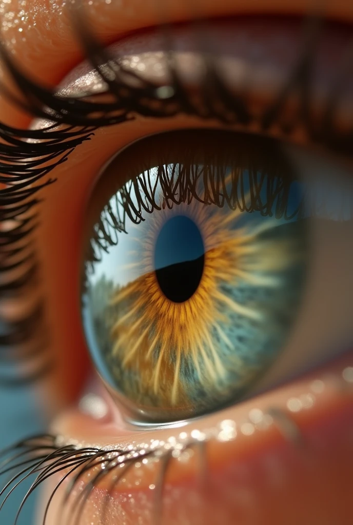 Extreme close-up De l'œil d'une femme magnifique, in which we see the reflection of a beautiful naked woman leaning forward on a tropical beach.