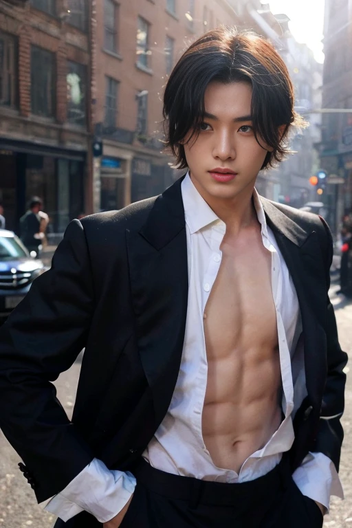 1 korean man, the 20s, only, masterpiece, perfect face, muscled body, Whole body, (bare chest), muscular chest, abs, wearing a detailed tailcoat, monocle, has, short hair, pretty blue eyes, perfect hands, gloves, Strict and dynamic posture, personal, Nardack, Street background of a Magical City, with magic circles, background rays