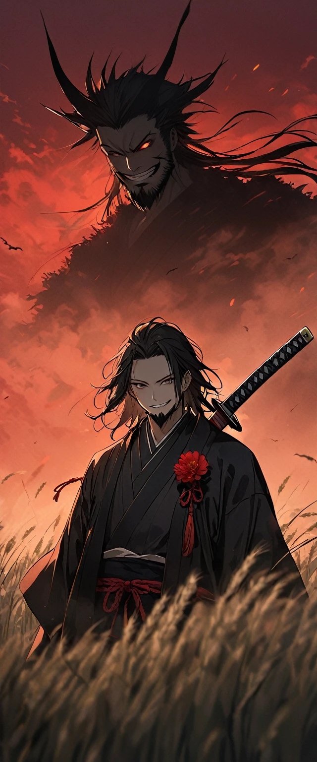 Scarlet Silk Ronin Costume。fog,Standing in a wheat field。Bust Shot。Dark Eyes。clothes are blowing in the wind。Grin。katana。Big Katana。Messy black medium length hair。forehead, A young ronin with a beard。Skinny man。alone。Spooky atmosphere。Japan。濃いfogの世界。Red Sky。Red flower,Chiaroscuro,Black tree。