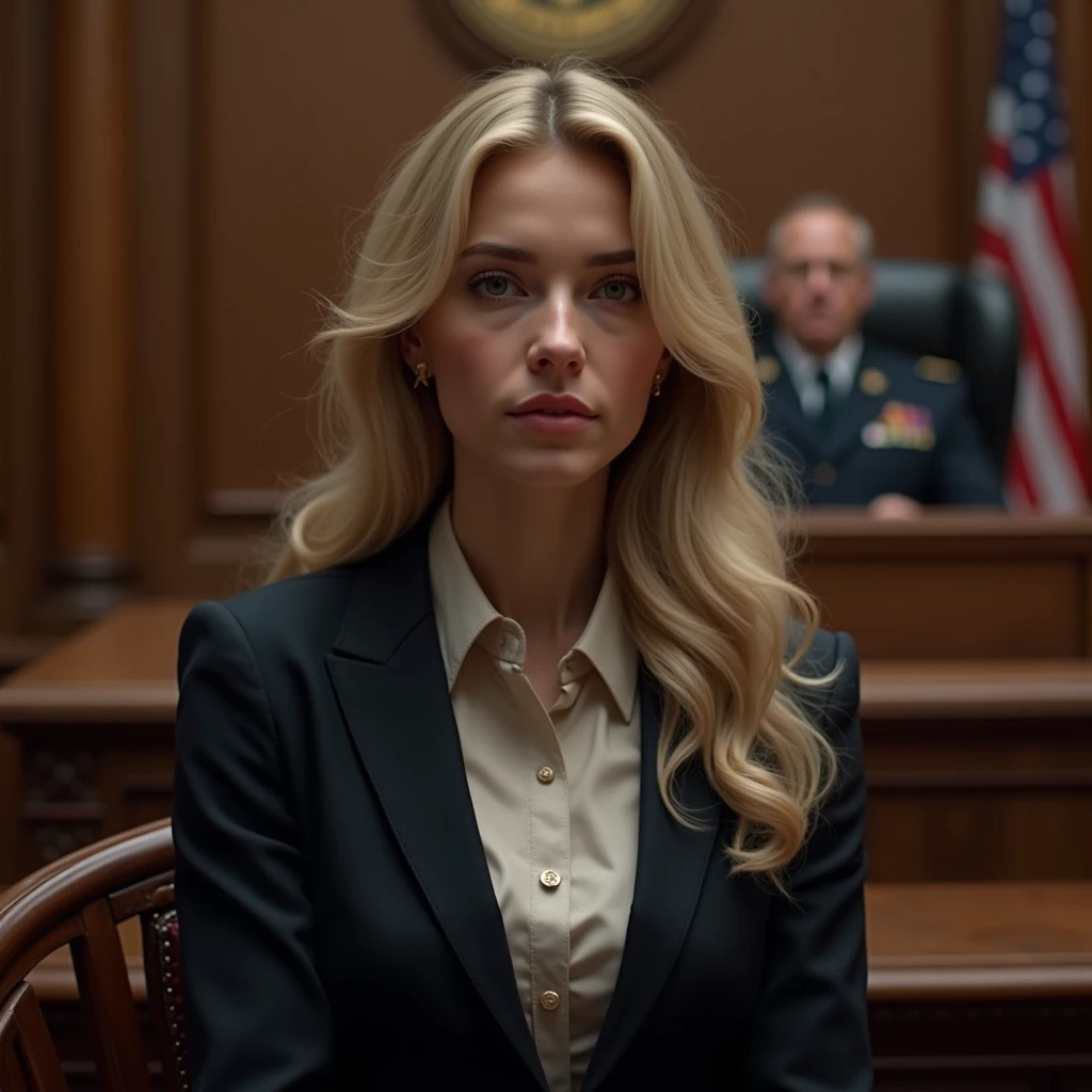 A 30-something blonde girl sitting in court