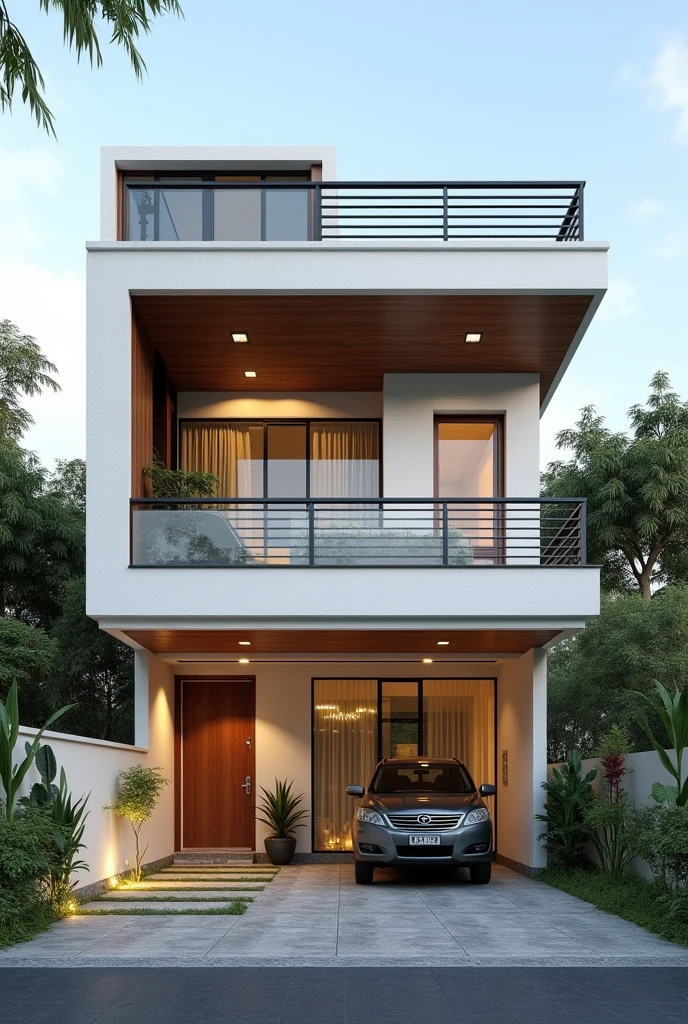 I need Indian style home elevation with ground+1 floor balcony type car parking included glass partition at the elevation staircases at loft 
