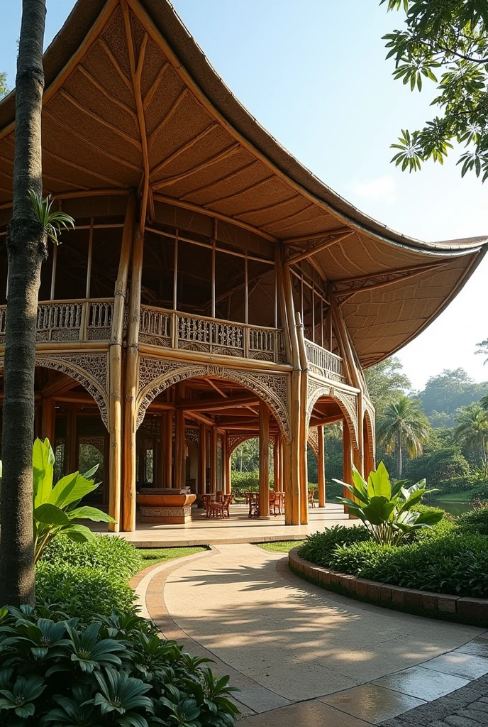 Biggest single pavilion cogon roof and Philippine "amakan" with tribal pattern with curved bamboo structure