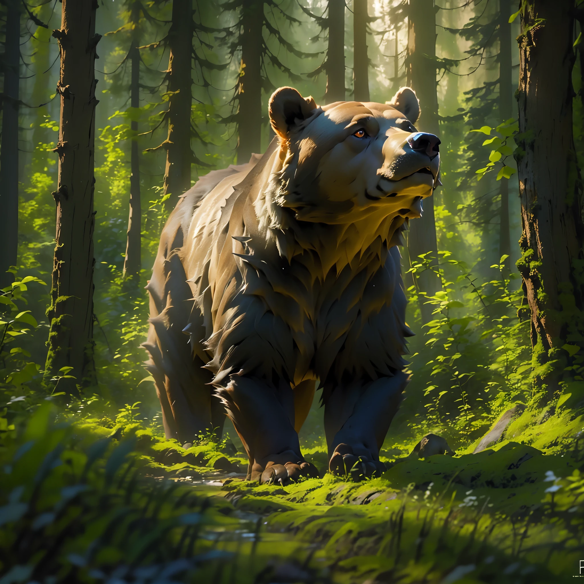 a brown bear, photorealistic, 8k, highly detailed, realistic fur, detailed eyes, detailed nose and mouth, standing in a forest, sunlight filtering through the trees, beautiful natural lighting, vibrant colors, cinematic composition, depth of field, professional photograph