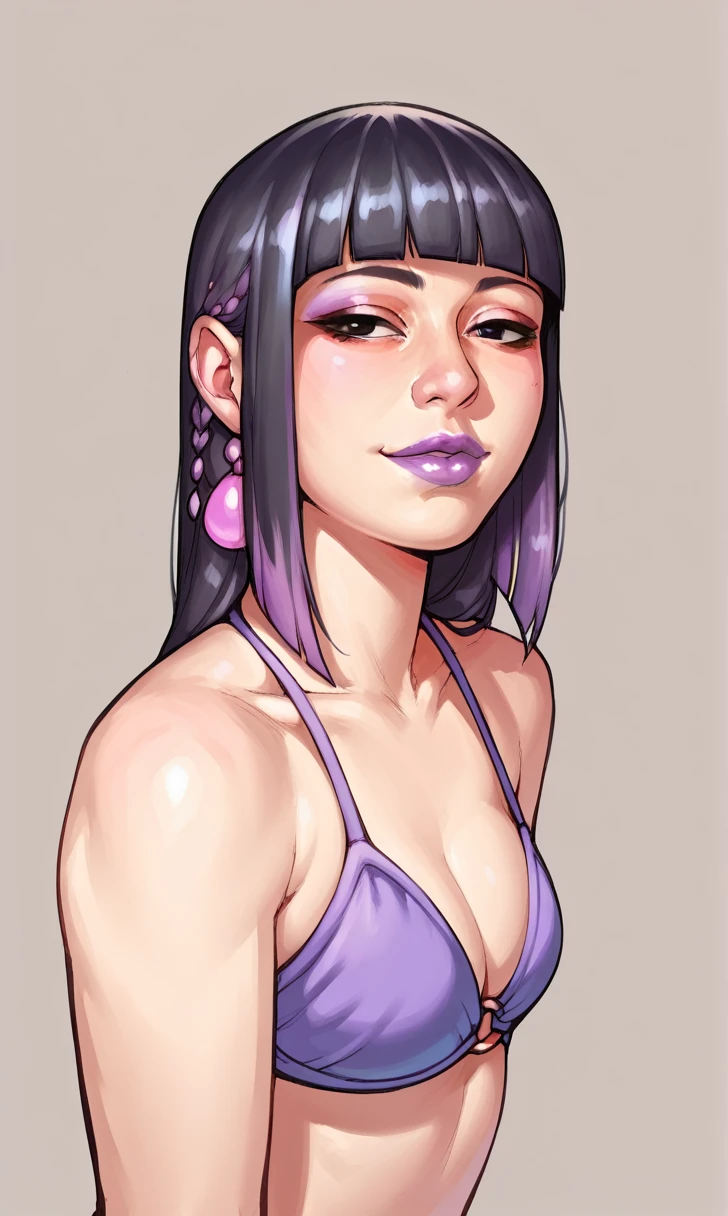 score_9, score_8_up, score_7_up, r1s0, 1girl, simple background, Asian, bikini, sunny, lovely, hime cut hair, gentle smile, purple lips, black eyes,
