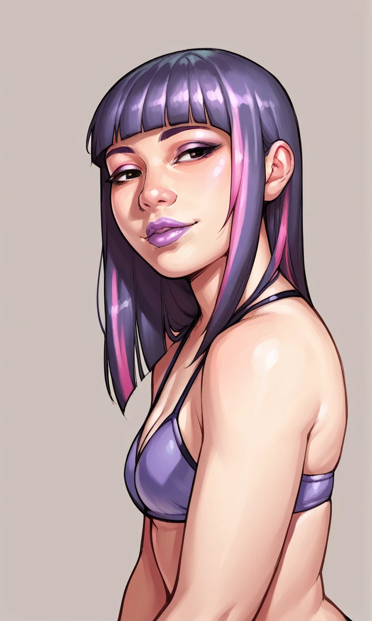 score_9, score_8_up, score_7_up, r1s0, 1girl, simple background, Asian, bikini, sunny, lovely, hime cut hair, gentle smile, purple lips, black eyes,