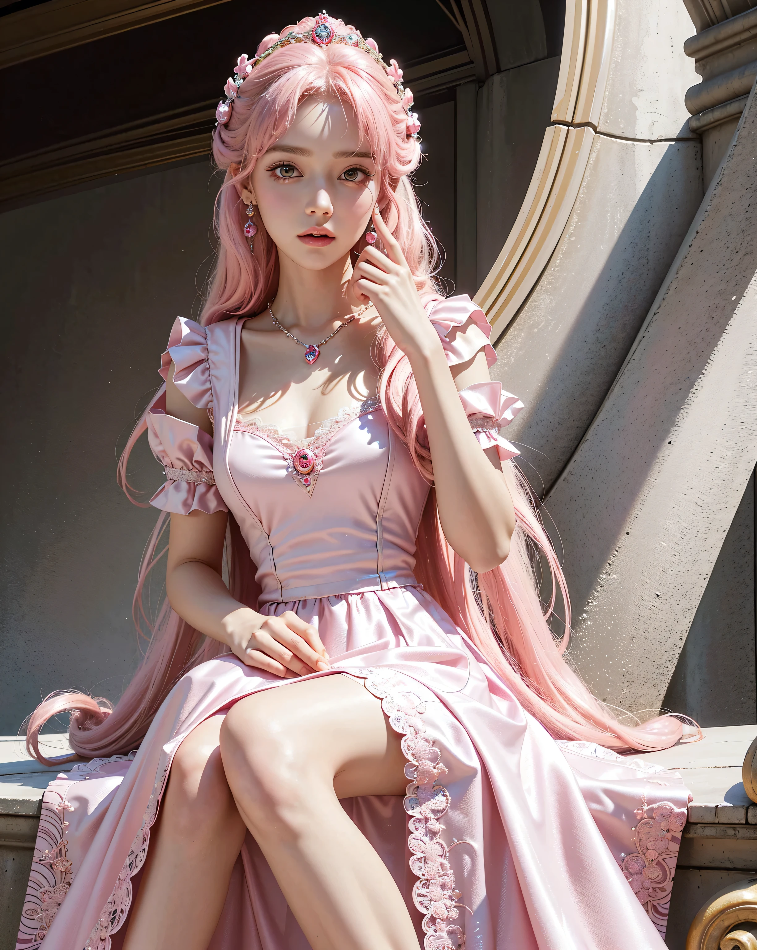 8k, masterpiece, 1 girl, beautiful face, very long hair, hair ornament, light makeup, detailed eyes, small breast, ultra detailed clothes, (pink princess dress:1.5), lace:1.5, ((closed up)), necklace, jewellery, amazing balcony background, sitting,