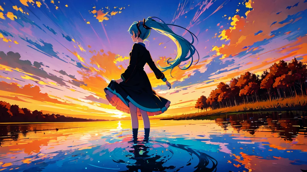 (masterpiece, Highest quality:1.3), (Flat Color:1.3),(colorful:1.3),View your viewers,One person,alone,floating colorful water,(2D:1.3), Hatsune Miku, Autumn sunset