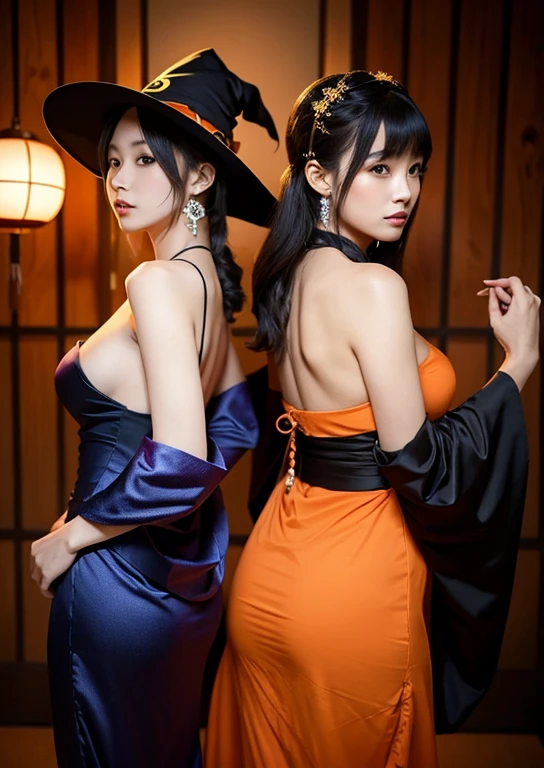 masterpiece, Highest quality, ((2 people)) ,(2 peopleのwoman), ((Halloween)),((Halloweenの仮装)),((Witch Cosplay)),(Perfect Face:1.1),(Beautiful hands),(Delicate skin),(Trick or Treat),(Real),(Attention to detail:1.1), (Five fingers),((Back view)), (Japanese),(Western-style room),(Midnight), woman, Small breasts, 20代woman, Magazine photoshoot, ponytail , Are standing,(Japanese) ,(model)