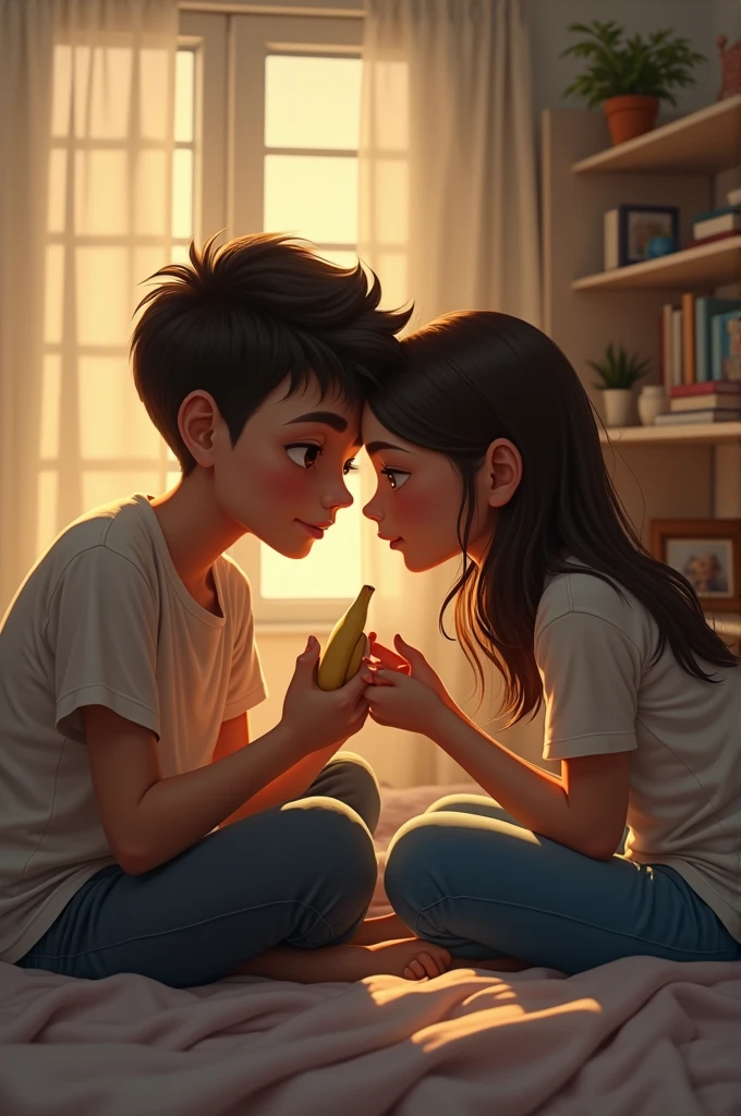 Mother and 16 year son are sitting on the bed of the room with banana in hand