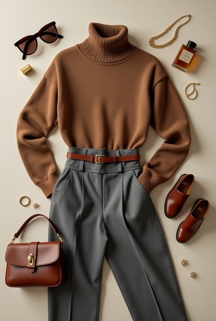 [ultra-realistic 4K rendering, overhead view, stylish fall 2024 outfit, meticulously arranged] A perfectly organized and stylish fall 2024 outfit captured from above. The ensemble includes a tailored wool-blend sweater in a warm taupe shade, paired with high-waisted, pleated trousers in a complementary grey tone. Accessories include a sleek brown leather belt, a pair of classic leather loafers, a structured brown handbag with gold accents, and a matching leather watch. Additional items include delicate gold jewelry, a luxury fragrance bottle, and a pair of chic sunglasses, all arranged with precision on a textured, neutral background, highlighting the sophistication and elegance of the outfit in high-definition detail.
