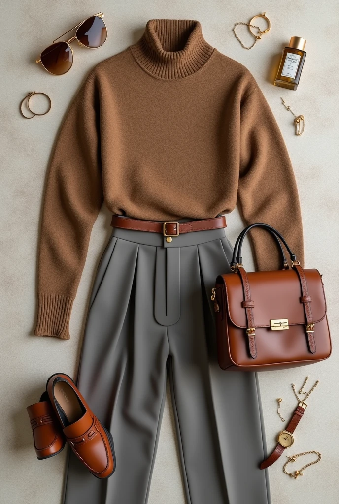 [ultra-realistic 4K rendering, overhead view, stylish fall 2024 outfit, meticulously arranged] A perfectly organized and stylish fall 2024 outfit captured from above. The ensemble includes a tailored wool-blend sweater in a warm taupe shade, paired with high-waisted, pleated trousers in a complementary grey tone. Accessories include a sleek brown leather belt, a pair of classic leather loafers, a structured brown handbag with gold accents, and a matching leather watch. Additional items include delicate gold jewelry, a luxury fragrance bottle, and a pair of chic sunglasses, all arranged with precision on a textured, neutral background, highlighting the sophistication and elegance of the outfit in high-definition detail.
