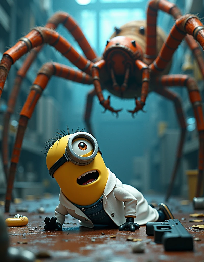 Minion Kevin white scientist suit. under attack by giant spiders. giant spider crushes Minion Kelvin lies on the floor with a scared look on his face The scene is chaotic There is a gun next to him In the lab