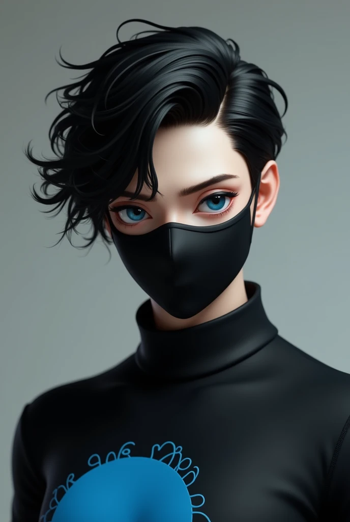  The image displays a 3D model of a male character with black hair and blue eyes, wearing a black shirt with a blue design on it. The character has a serious expression.black mask