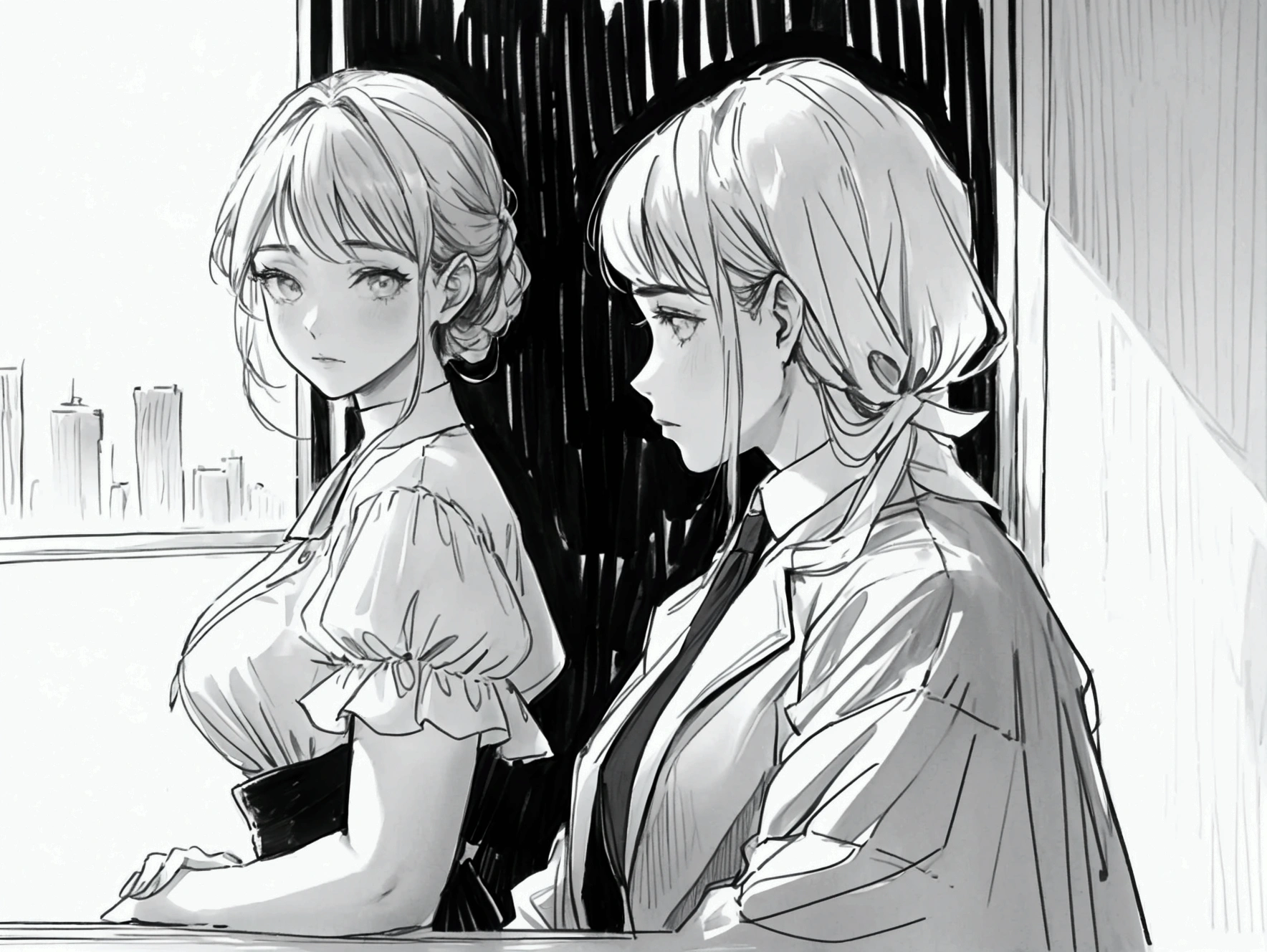A view over the shoulder of a woman looking at a man.