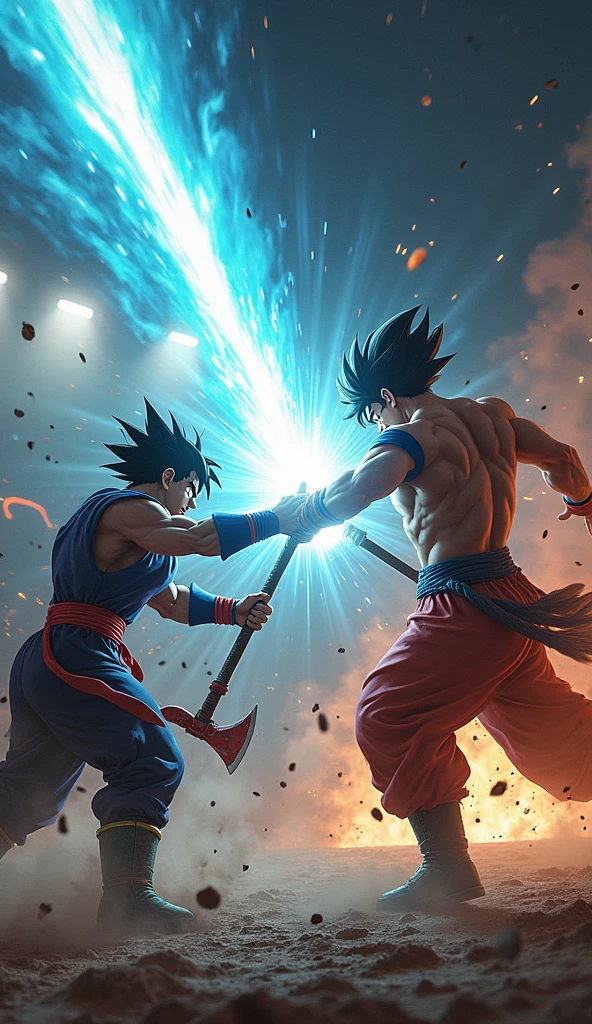 In a dust-filled arena, Son Goku and Kratos clash with earth-shattering force. Goku unleashes a Kamehameha, its blue light slicing through the night, while Kratos, driven by seething fury, deflects the attack with his blood-stained axe. Each combatant fights with profound determination and emotion, their every move reflecting their inner struggles. Explosions of energy and thunderous impacts break the night’s silence, creating a battle that transcends mere combat—an intense display of strength and resolve from two unyielding souls.