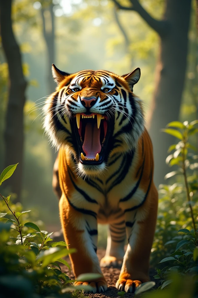 Make me a video of a tiger roaring in the forest