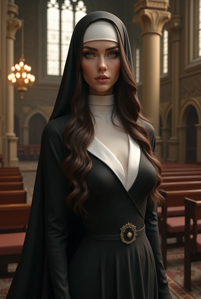(photorealism:1.2), beautiful woman, church nun,long hair ,sexy dress,medium chest,slim
Silky hair
