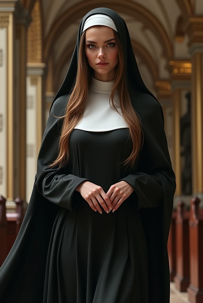 (photorealism:1.2), beautiful woman, church nun,long hair ,sexy dress,medium chest,slim 
Silky hair 
