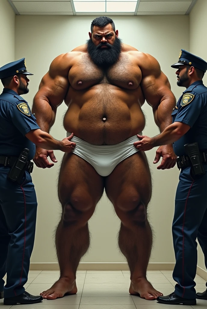 A giant muscular Puerto Rican man, bearded and hairy, standing, in white underwear, with your legs wide apart from each other, with hands behind hips, having his underwear pulled off by the two police officers