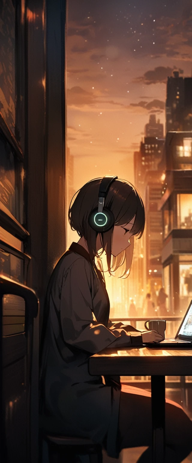 "Cozy scene in an urban cafe at sunset。The large windows offer a view of the bustling cityscape.。In the cafe、A young woman wearing headphones is sitting at a wooden table、concentrating on studying。In front of her is a laptop and a book.、A cup of hot coffee is steaming nearby.。The cafe creates a warm tone with soft ambient lighting.、It creates a calm atmosphere。Outside, the city lights start to twinkle、People passing by in a daze々Blends into the background、It enhances the quiet and focused mood.。”