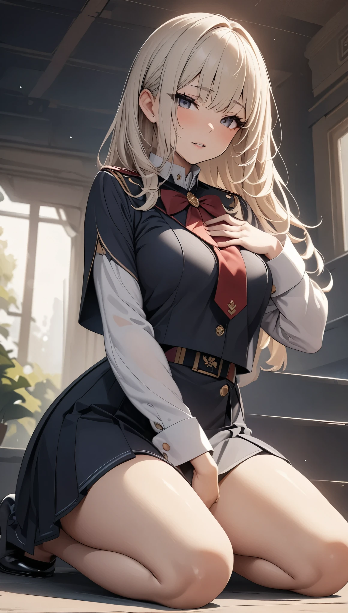 A woman in uniform is kneeling with her hand on her chest. ((masterpiece、Highest quality、Very detailed))、one person's、Improve、blonde、Long Hair、Grey Eyes、Wicked Smile、((Grin))、lip、((Lots of piercings Medium breasts、((Cleavage))、A bow tie、((White shirt))、((Black pleated skirt))、bracelet、((White Buggy Socks))、loafers、((squat:1.5))、((Leg spread:1.5))、((Skirt Lift))、Leopard print pants 、Jim's warehouse