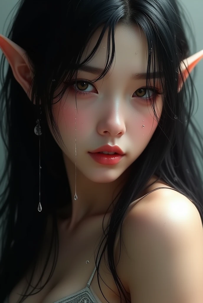 Une elfe brune cheveux long lisse et noir qui a un visage mignon et du sperm sur le visage toute nue