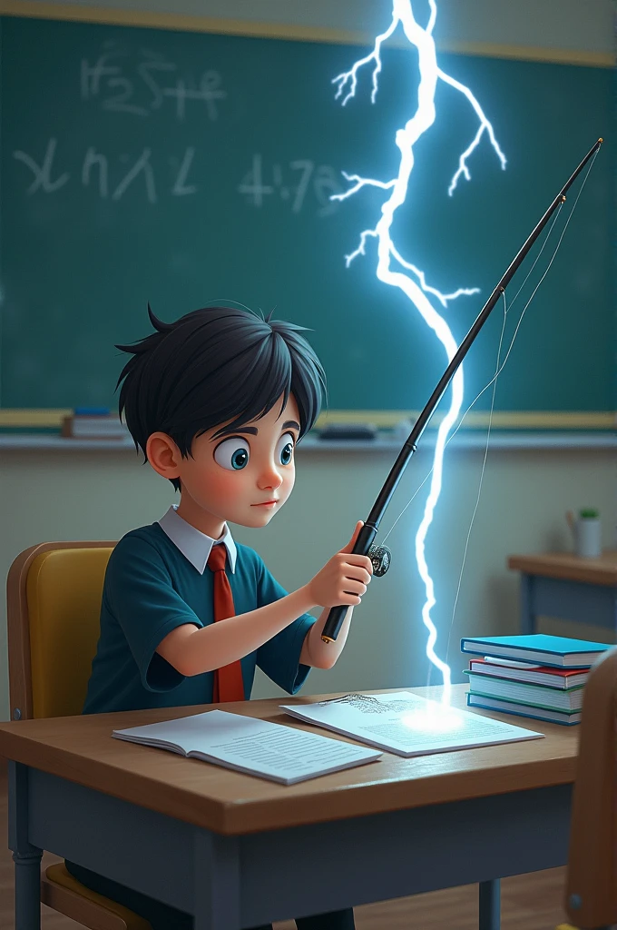 Create for me a picture of a student sitting in a chair taking a test with a fishing rod in his hand and lightning striking the end of the fishing rod 