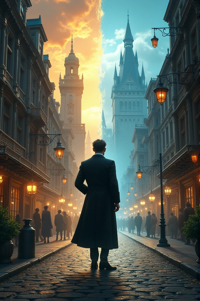 Create a novel cover in which there is dual world which right side is a Victoria-era city and the other Is a medieval fantasy City with there is a man from Victorian era crossing to fantasy world