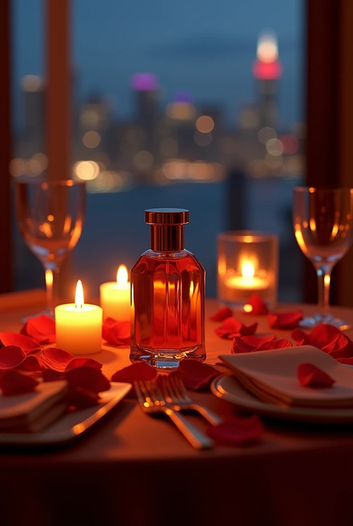 A romantic evening setup with Hugo Boss Orange perfume on a table set for two, surrounded by rose petals, flickering candles, and a view of a city skyline at dusk, highlighting its allure and elegance.