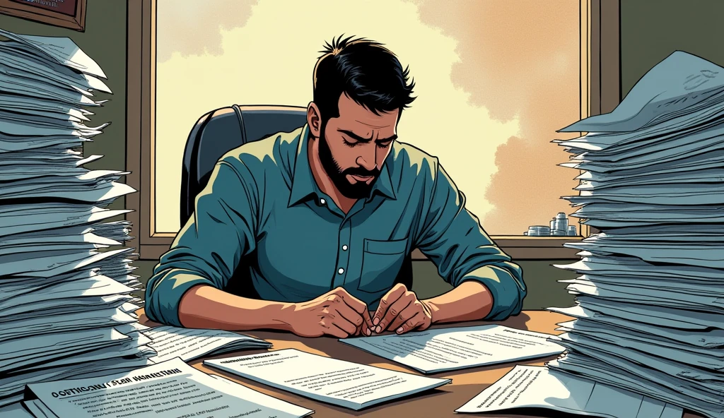 (Comic Book),Un installateur de panneaux solaires est assis à son bureau, entouré de piles de papiers qui l’entourent. Les papiers sont étiquetés avec des noms comme "Formulaire CONSUEL", "Demande Enedis", "Attestation", "Permis de construire", etc. Le personnage a l'air épuisé, avec des documents en désordre couvrant son espace de travail.