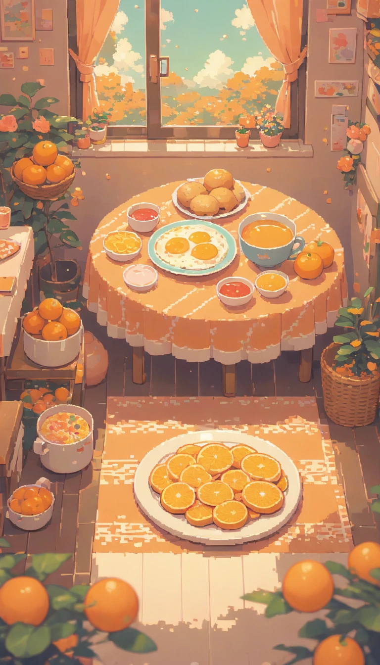 lofi pixel, No people ,Cozy,Orange Pink ,food