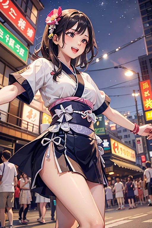 (Japan Bon Odori,最高masterpiece,Highest quality), Hot August,Bright vibrant anime art,People of all ages and genders dance and dance, Dancing in yukata,Laughing and dancing, Showing white teeth,Men and women dance in a circle, masterpiece,Highest quality,High resolution,