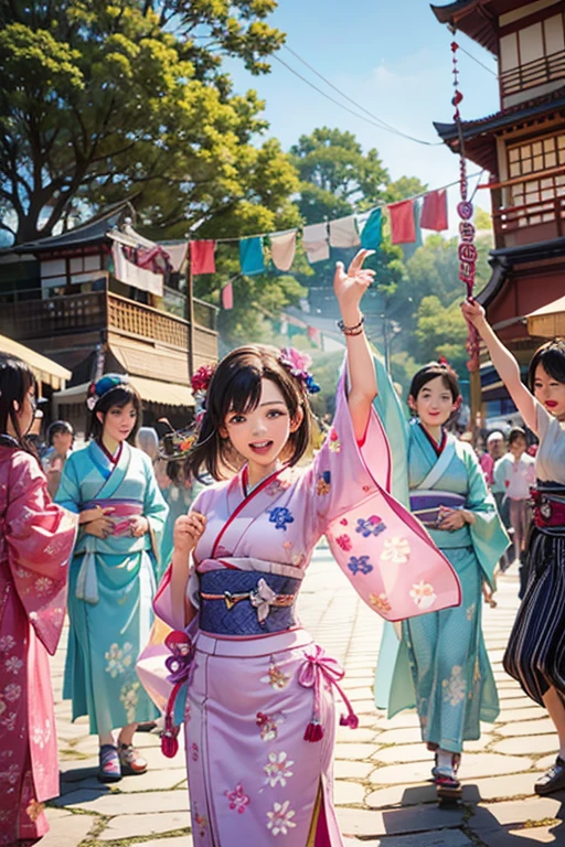 (Japan Bon Odori,最高masterpiece,Highest quality), Hot August,Bright vibrant anime art,People of all ages and genders dance and dance, Dancing in yukata,Laughing and dancing, Showing white teeth,Men and women dance in a circle, masterpiece,Highest quality,High resolution,