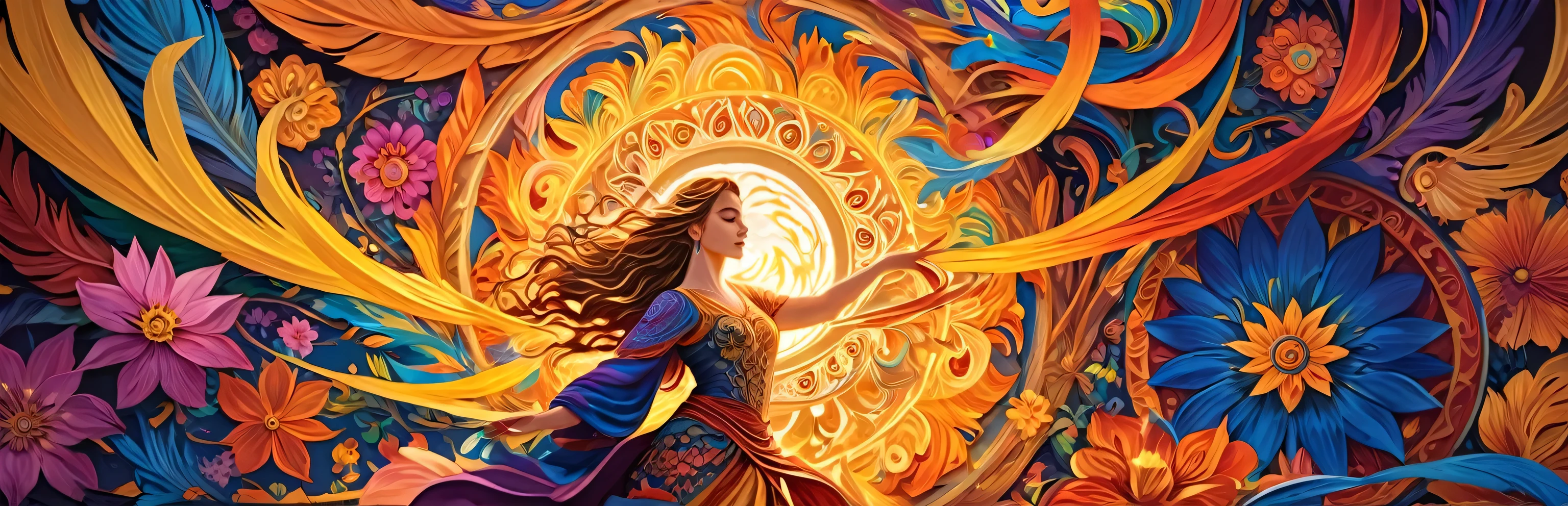 Official Art, Unified 8k wallpaper, Super detailed, beautiful Beauty, beautiful, masterpiece, Highest quality, (Tangled, Mandala, Tangled, Intertwined), (Flower Ecstasy: 1.2) Dynamic Angle, Cowboy Shot, The Most beautiful Chaotic Forms, Elegant, Fauvist design, Bright colors, Romanticism, atmosphere, Golden Crow, Sun God, feather, fire,