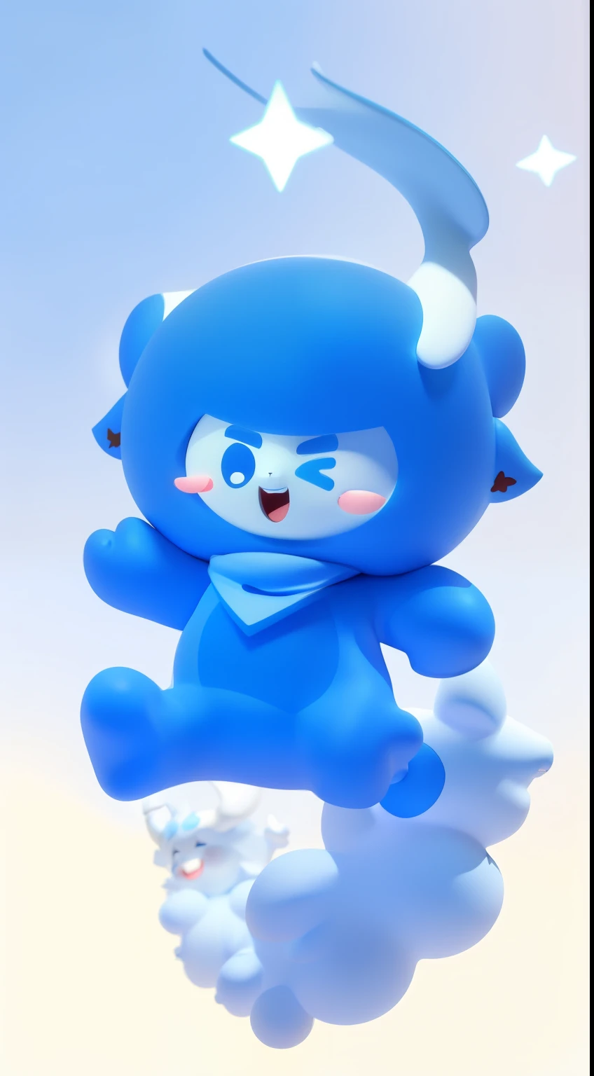 A cute blue cartoon mascot, blue and white color scheme, white face, two horns on the head, wearing a triangular scarf, smiling with open mouth, jumping in the air, simple background, white background, character design surreal, full body, red face, small eyes, 3D effect, clear outline light, edge light, spotlight, 8k