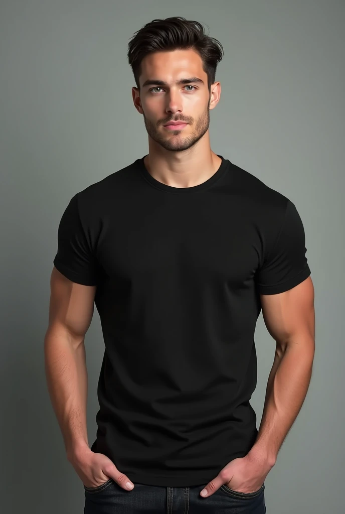 handsome man 25 years ol, toned body, short dark hair and blue eyes, black t-shirt and jeans, manly