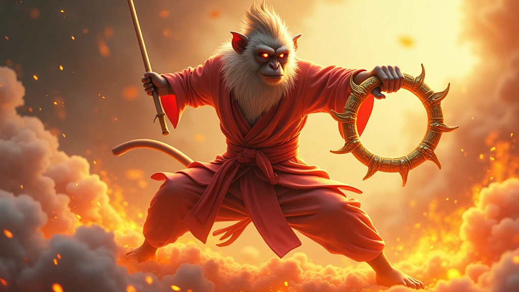 Anthropomorphic male monkey man holding a golden hoop in one hand, Bo staff, Sun wukong, wukong, Fighting Buddha, Normal hand, There are clouds of flame under your feet, The fire eye is bright and brave, Very beautiful anthropomorphic monkey, Fighting Stance, guan yu, Inspired by Huang Shen, Inspired by Hu Zaobin, The legendary monkey god holding a flaming staff, 