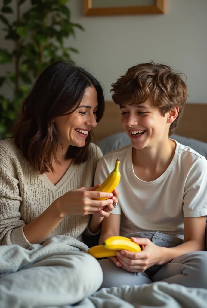 Mom and are sitting on the bed of the room with banana in hand and smiling