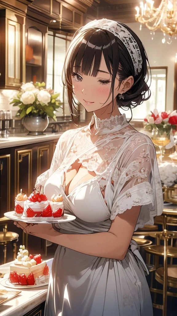 Professional pastry chef expertly assembling decadent desserts. The image is、Reveals an all-white pastry kitchen decked out with marble countertops and glass display cases. chef, Elegant woman in her 30s, Delicately place raspberries on top of creamy mousse cake, Her hands are adorned with silver rings. The air is filled with the aroma of freshly baked treats. In the background、A variety of exquisite desserts on display, chefの芸術性と細部へのこだわりを披露. This photo shows、Embodying the sophistication and elegance of fine pastry creations. photograph:Pierre Hermé, He is a world-famous pastry chef.、Master of Flavor Combinations