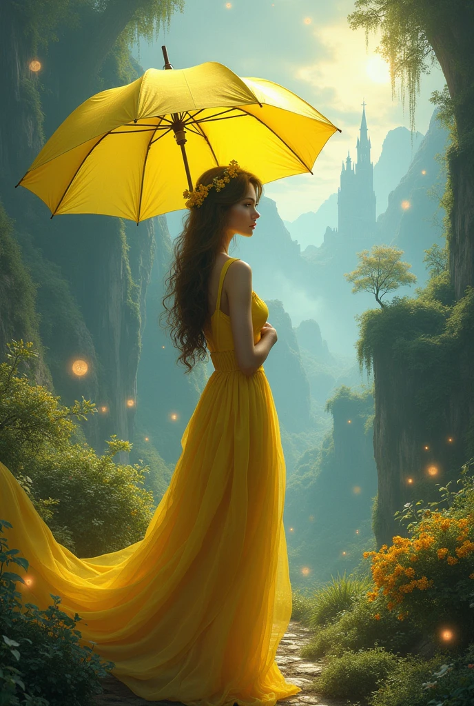there is a woman holding a yellow umbrella in her hand A magical realm filled with intricately designed, hyperrealism and landscapes, softly blacklight by mystical orbs