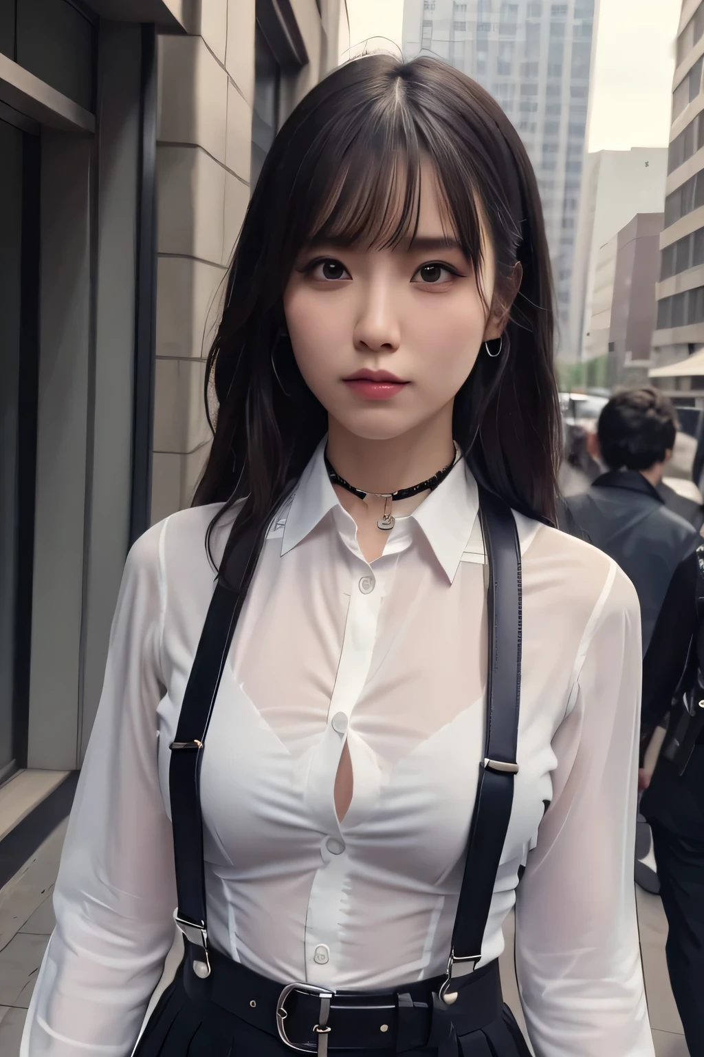 a woman in a suit, belt, hands behind back, sweating, suspenders, black skirt,
garter belt, large breasts, see-through clothing, rain, detective, office worker, white button-up shirt, (best quality,4K,8k,highres,masterpiece:1.2),ultra-detailed,(realistic,photorealistic,photo-realistic:1.37),hyper- detailed face and body, Slender thin suspenders Moderate breasts See-through shirt Nipples holster chain Armament criminal Female criminal