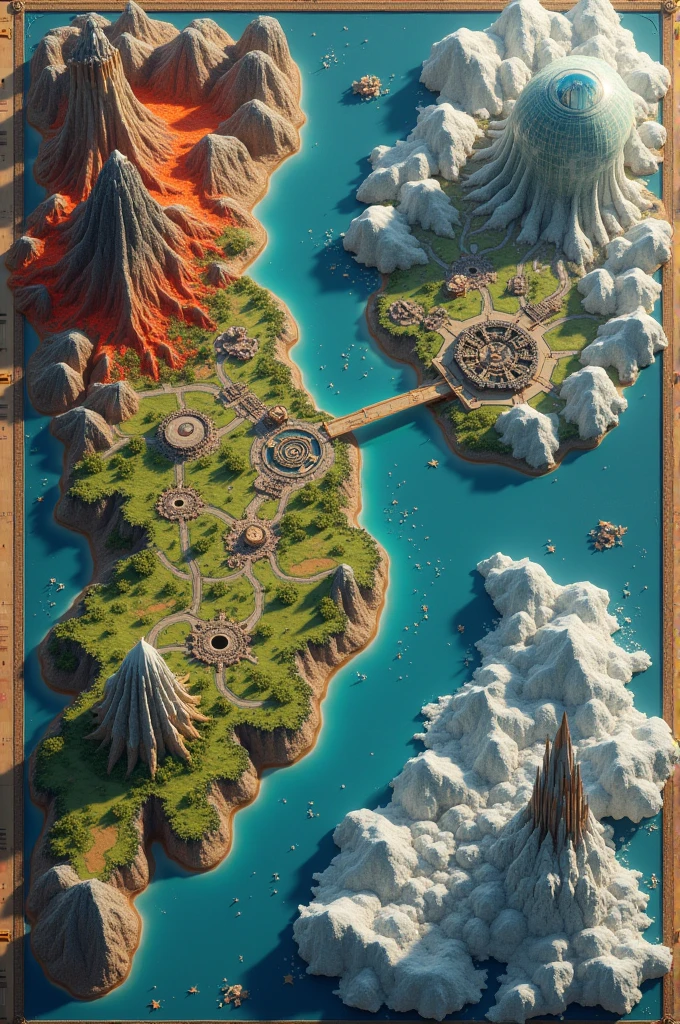 Extra large world map on fantasy planet Earth. , In a galaxy far, far away , Consists of 4 types of terrain , The western world is a volcanic world, a landscape of boiling lava, dark rocks and glowing rivers. , In the eastern world, a great city lies beneath a huge glass dome. Its inhabitants live in white, sponge-like houses, while the ruler of a magnificent palace sits atop a tower that towers over the city. The city is technologically advanced and its people enjoy prosperity., A southern world near the sea, an ideal medieval world, consisting of beautiful villages surrounded by fields and forests, that seem to come straight out of a fairy tale. , The northern world is a snow world, a beautiful landscape of snow-capped mountains and icy valleys. Beneath the peaks lies a modern metropolis deep in the ice. ,