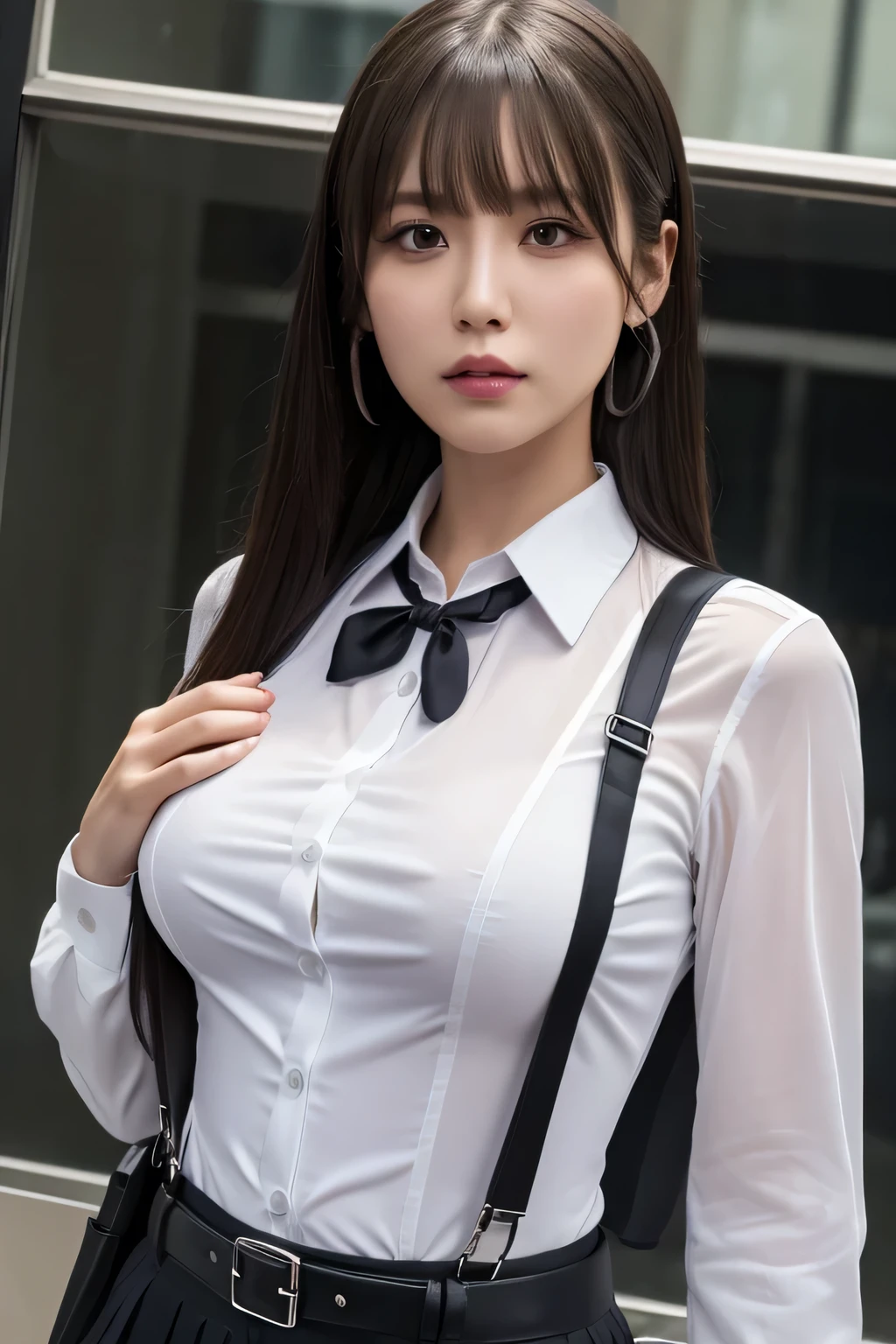 a woman in a suit, belt, hands behind back, sweating, suspenders, black skirt,
garter belt, large breasts, see-through clothing, rain, detective, office worker, white button-up shirt, (best quality,4K,8k,highres,masterpiece:1.2),ultra-detailed,(realistic,photorealistic,photo-realistic:1.37),hyper- detailed face and body, Slender thin suspenders Moderate breasts See-through shirt Nipples holster chain Armament criminal Female criminal