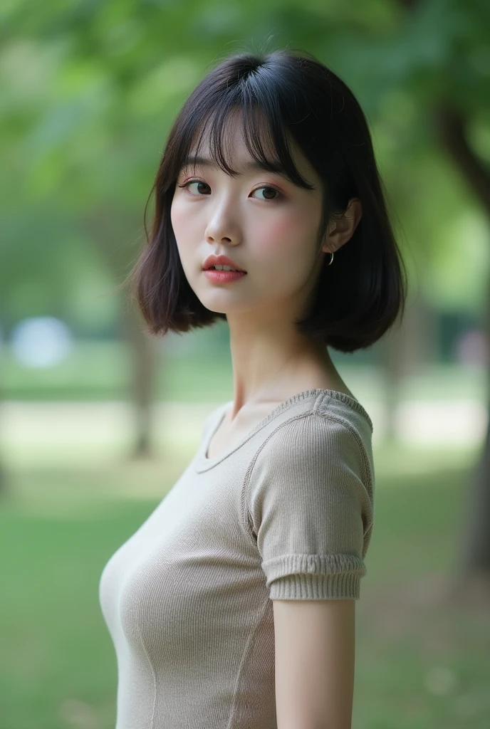 Park 1 Japanese woman Wearing a fitted short-sleeved knitwear Bob hairstyle Photograph Face turned away Only upper body visible