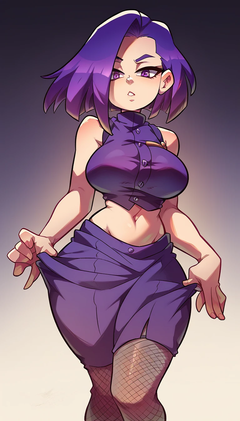 a big  girl big breast beautiful sexy ninja dark purple hair long hip her purple eye black eyelash big round she dresses purple blouse with sleeveless buttons exposed abdomen navel and a short purple skirt pair of net socks Transparent black boot