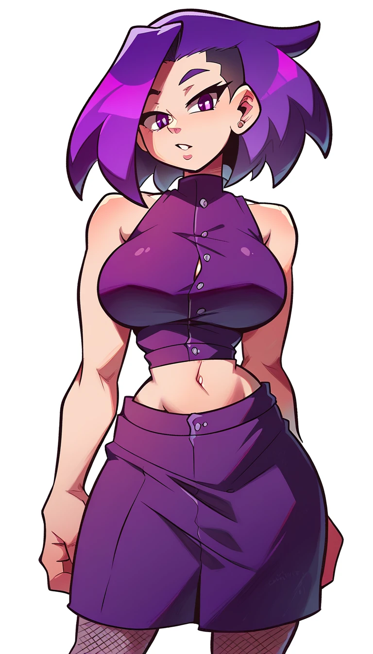 a big teenage girl big breast beautiful sexy ninja dark purple hair long hip her purple eye black eyelash big round she dresses purple blouse with sleeveless buttons exposed abdomen navel and a short purple skirt pair of net socks Transparent black boot