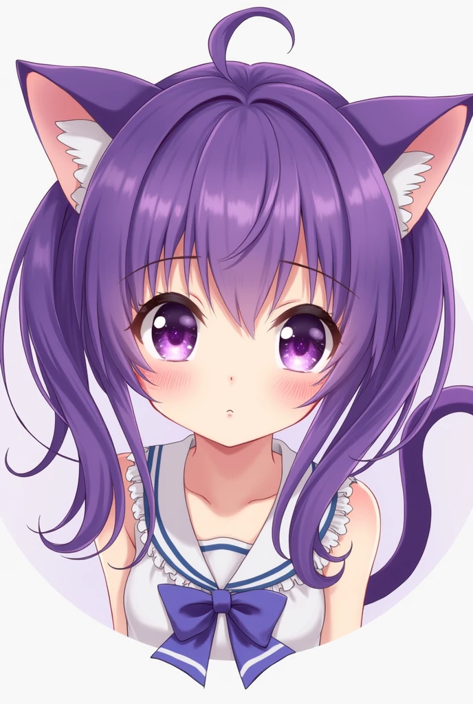 Purple-haired girl, two pigtails like cat ears, purple eyes shaped like stones 