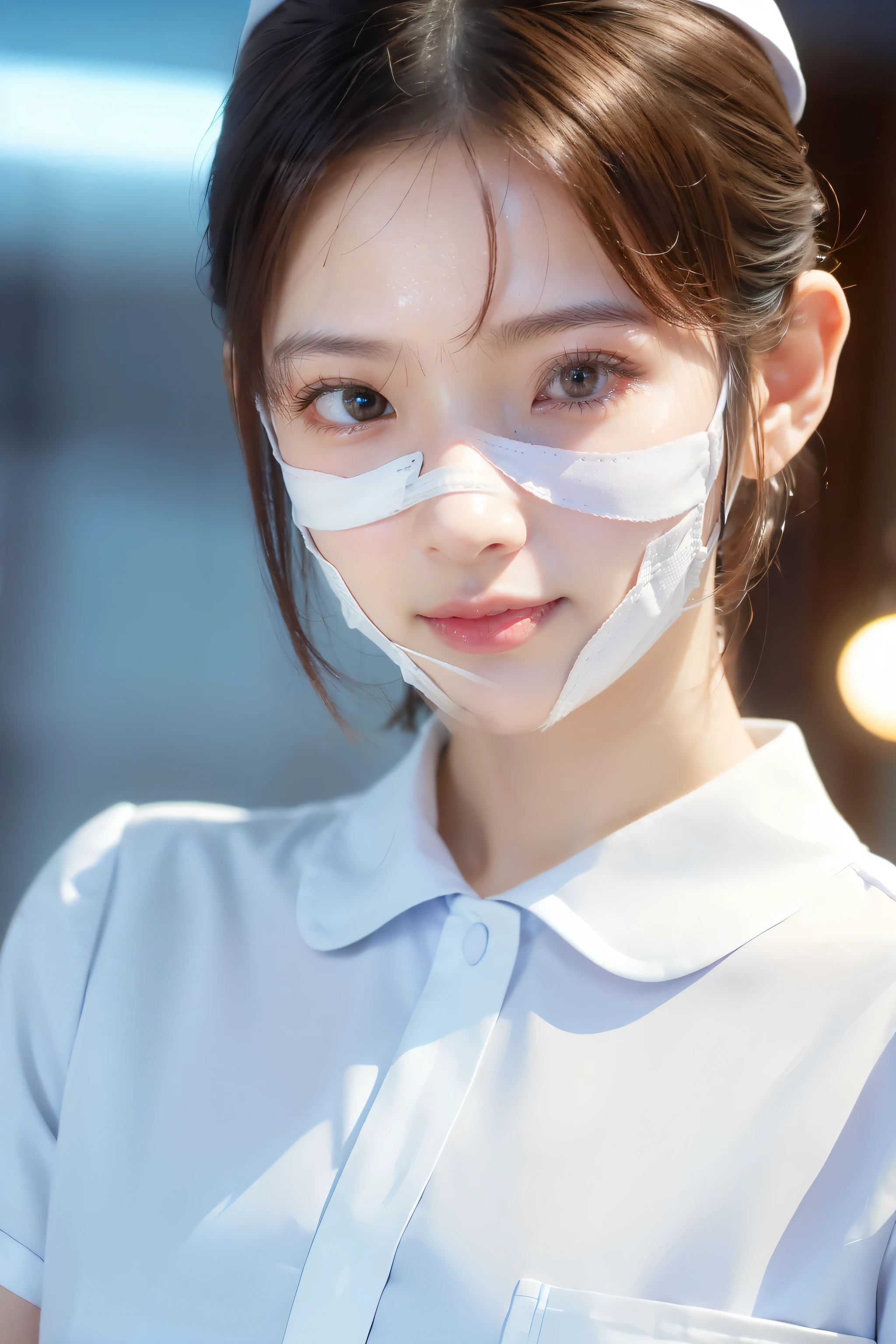 (Tabletop、highest quality、32K、Award-winning works、Ultra-high resolution)、(One beautiful nurse:1.1)、(The perfect white nurse uniform:1.1),hair bun,Shiny, beautiful hair,Accurate anatomy,(Strongly blurred white background:1.1),(very bright white lighting:1.1)、(Close-up of face:1.3),Perfect beautiful makeup,Spectacular Cinema Lighting、Tyndall effect,(standing elegantly:1.1),(Shining white skin:1.1)、Shiny beautiful skin、Radiant Skin,No mask on face,Beautiful facial skin,No foreign objects on the skin.,